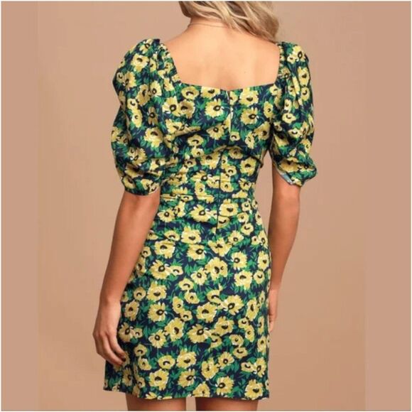 Lulus Floral Inclusive Floral Print Puff Sleeve Mini Dress Small Navy Yellow NEW - Picture 8 of 13